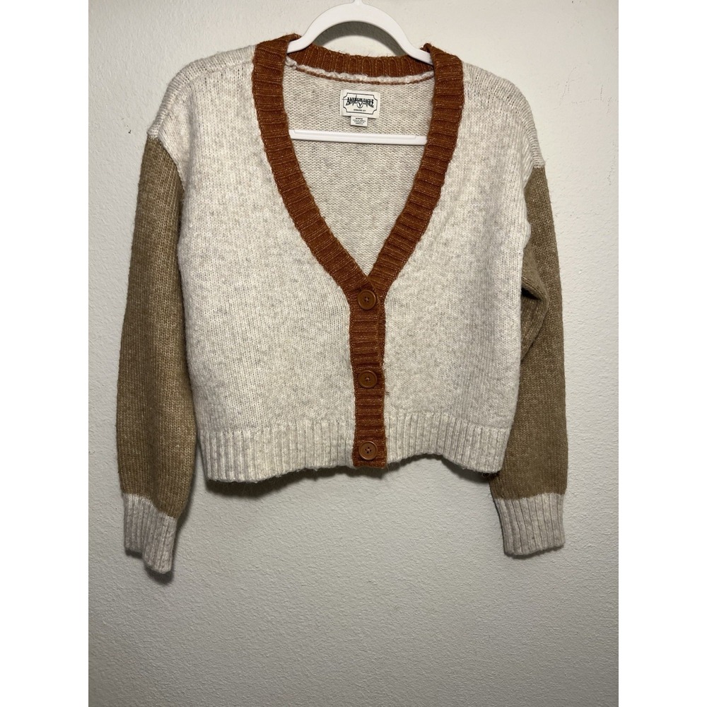American Eagle Cardigan Sweater Womens Size M Colorblock Knit Tan Brown Cream